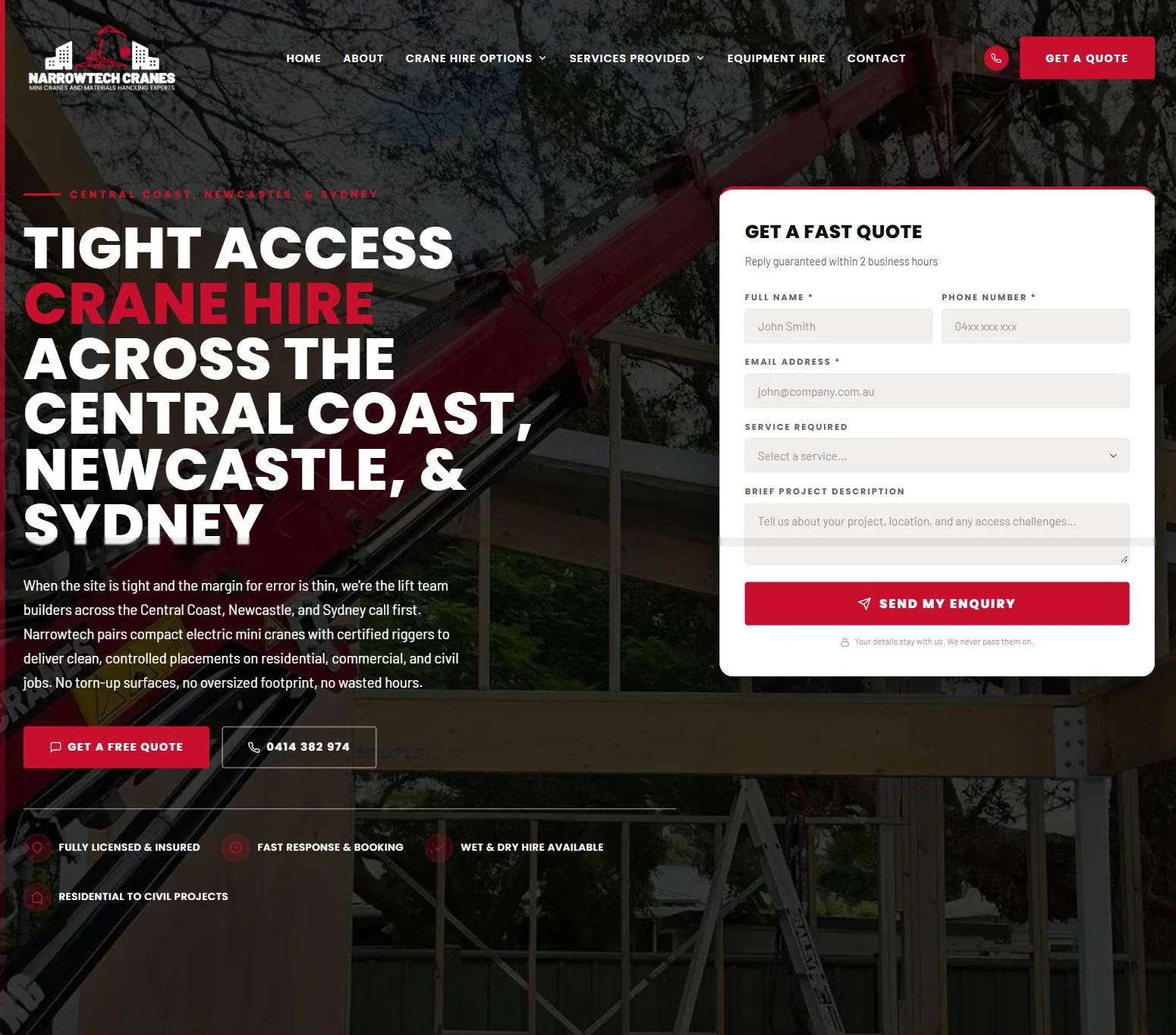 Narrowtech Cranes website home page